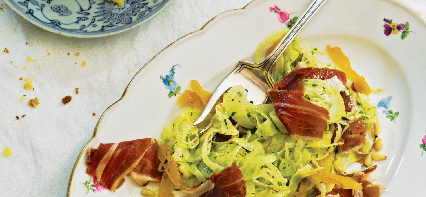 Apricots, No Pork, Salad of Curried Lamb Prosciutto from ‘Smoke and Pickles’