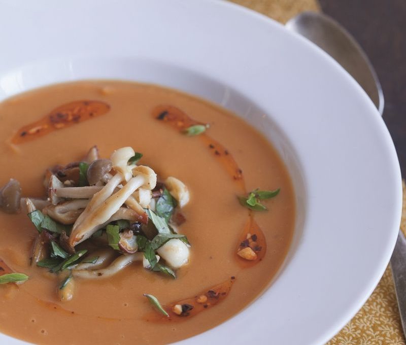 For Rain and Zebra Days, Sweet Potato Soup with Lime Leaves, Beech Mushrooms, Basil, Peanuts by Becky Selengut